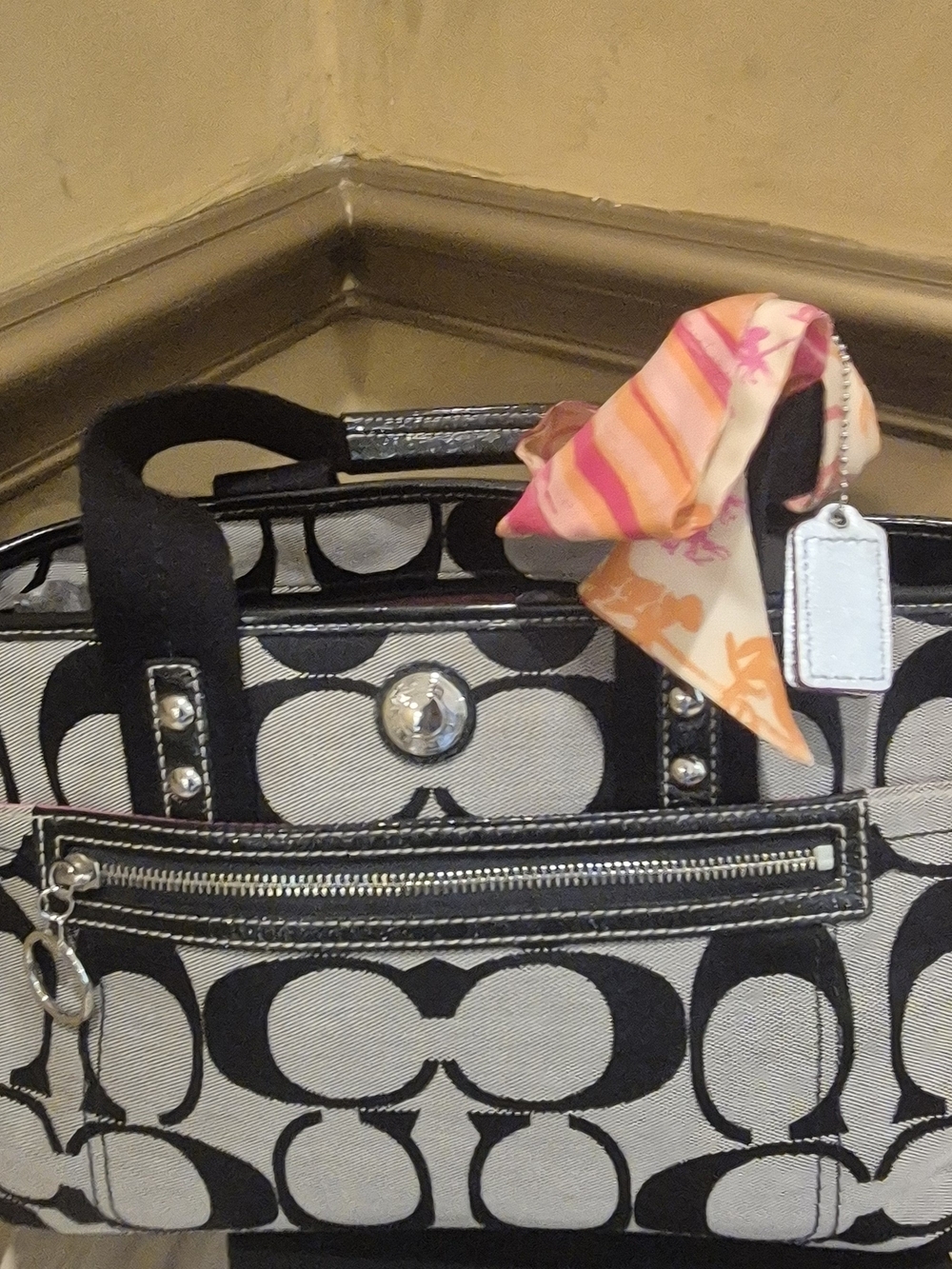 Coach Black and Cream Signature Canvas Tote with Studded Strap Accents - Picture 7 of 8